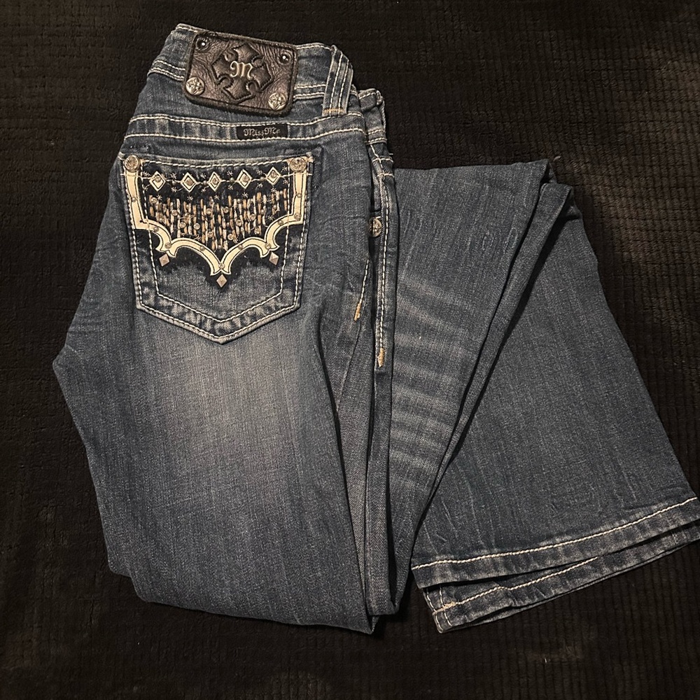 Miss Me Dark Blue Boot Cut Jeans with Embellished Pockets women’s 25